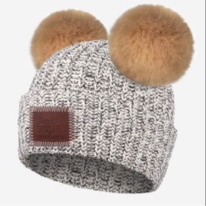 Love Your Melon Gray and Black Speckled Double Pom Beanie (Natural Poms) hat